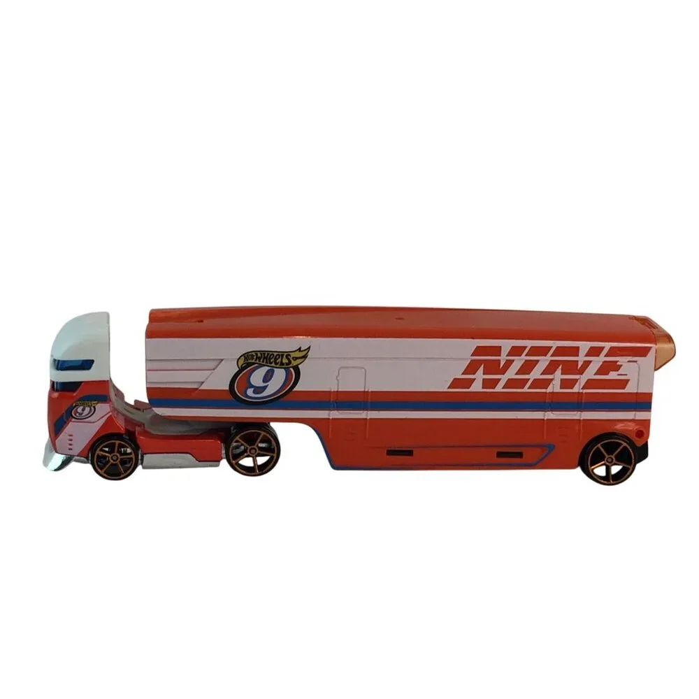 Hot Wheels Speedway Hauler 9 Nine Semi Trucks & Race Cars Blue Orange‎